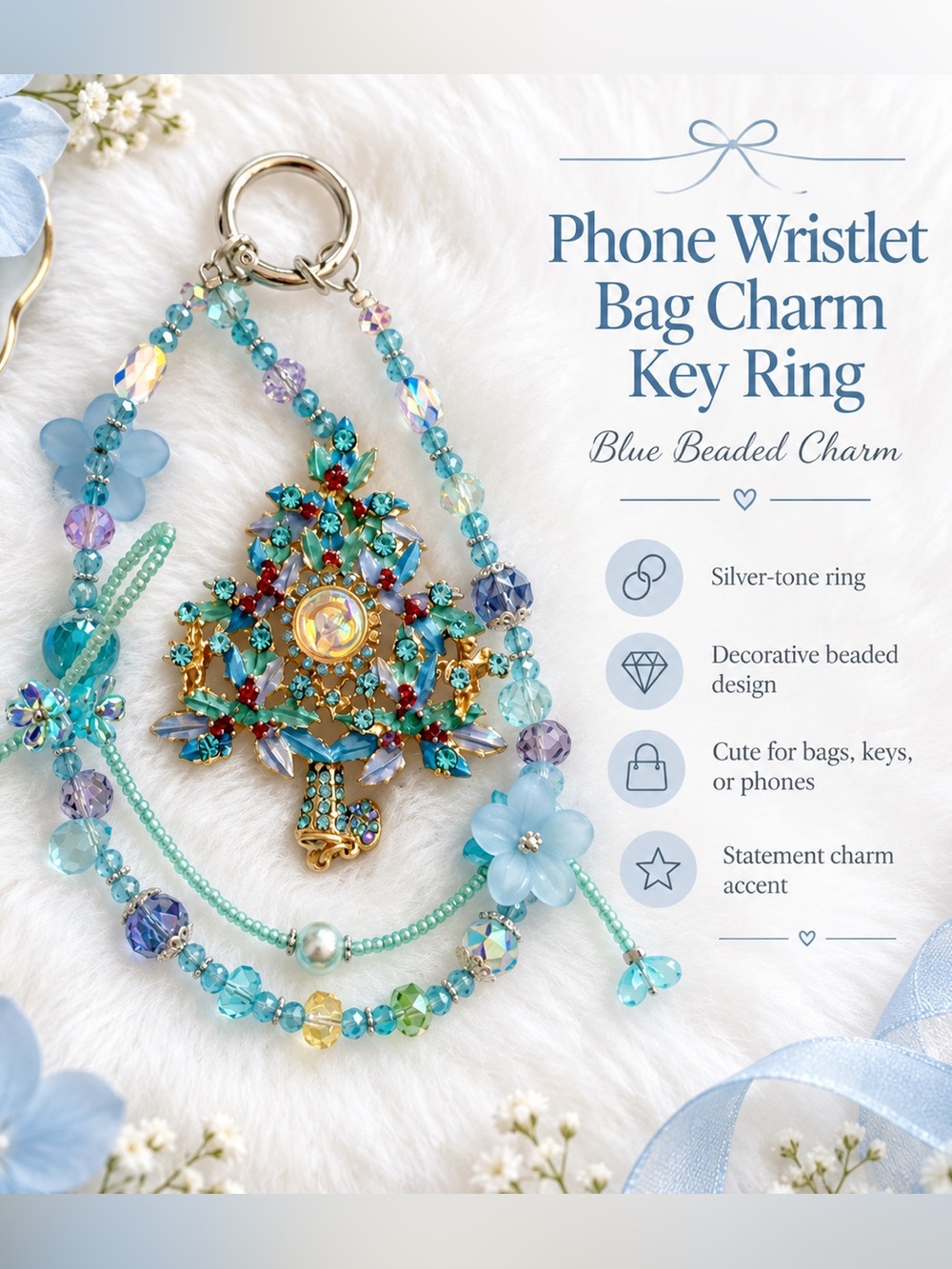 Blue Beaded Crystal Phone Charm Key Ring - Decorative Bag & Phone Accessory
